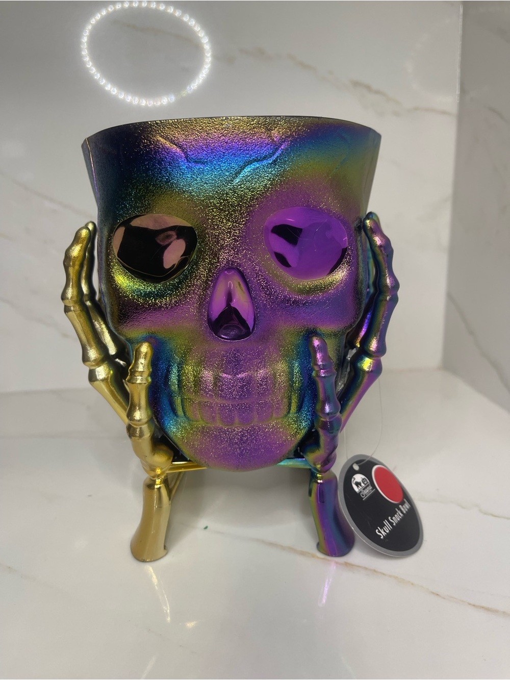 Iridescent Skull candy bowl with Gold Skeleton Hands -